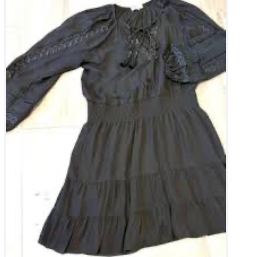 Parker Black Silk Blend Embroidered Smocked Tiered Mini Dress bohemian Womens S